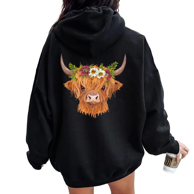 Cute Scottish Highland Cow Flower Head Cattle Calf Women Oversized Hoodie Back Print