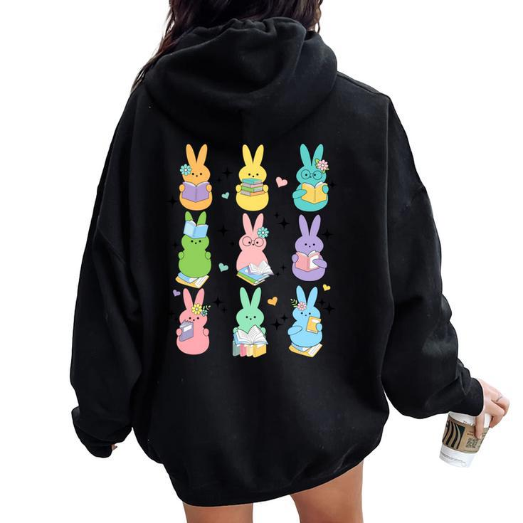 Cute Teacher Bunny Reading Book Outfit Happy Easter Teacher Women Oversized Hoodie Back Print