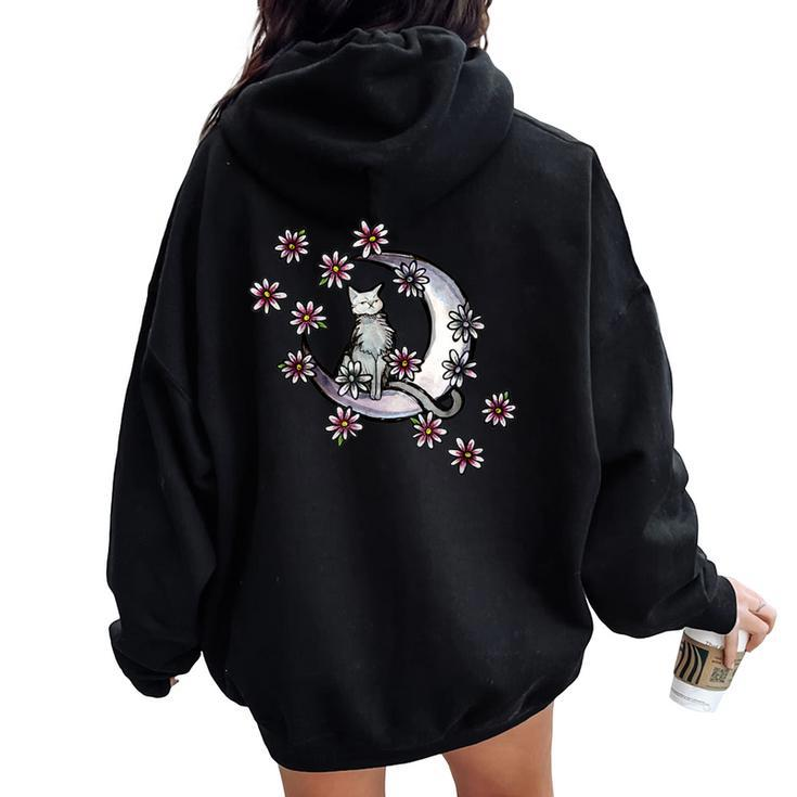 Daisy Flowers Moon Cat Witchy Cats Women Oversized Hoodie Back Print