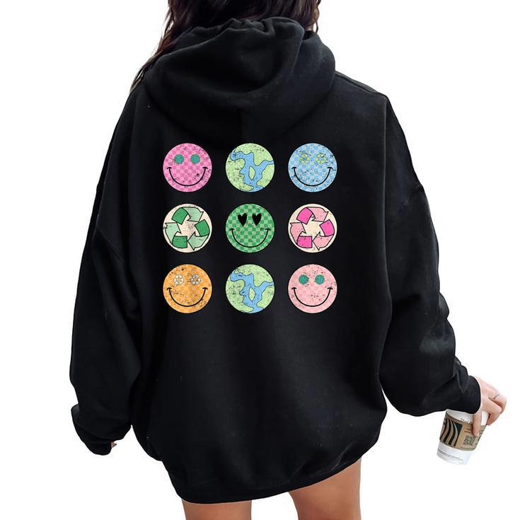 Earth Day Everyday Groovy Face Recycle Save Our Planet Women Oversized Hoodie Back Print