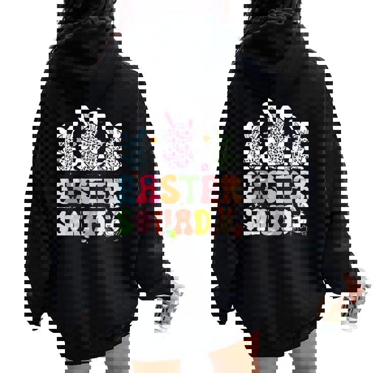 Easter Squad Bunny Rabbit Egg Groovy Cousin Crew Easter Day Women Oversized Hoodie Back Print