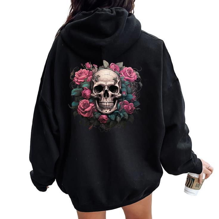 Eternal Harmony Enchanting Cool Skull And Floral Pink Roses Women Oversized Hoodie Back Print