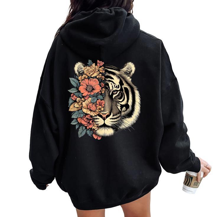 Floral Tiger Girls Flowers Tiger Face For Tigers Lover Women Oversized Hoodie Back Print