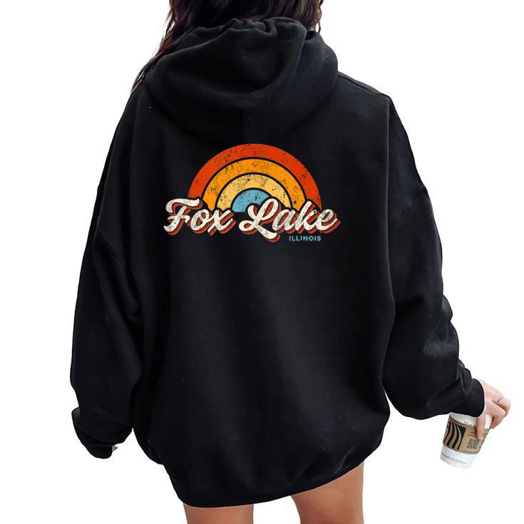 Fox Lake Illinois Il Vintage Rainbow Retro 70S Women Oversized Hoodie Back Print