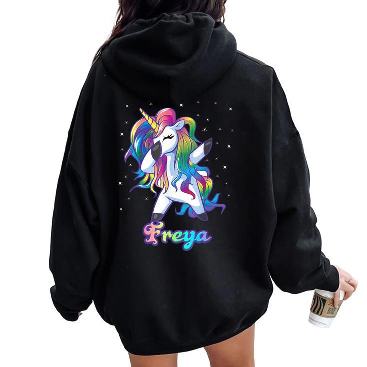 Freya Name Personalized Custom Rainbow Unicorn Dabbing Women Oversized Hoodie Back Print