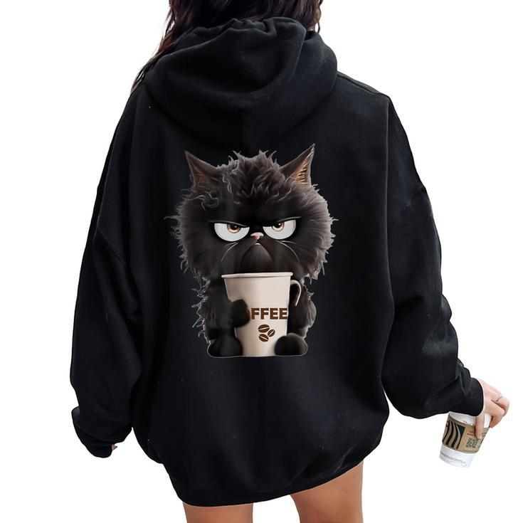 Angry Black Cat Drinking Coffee Loves Coffee Pet Women Oversized Hoodie Back Print