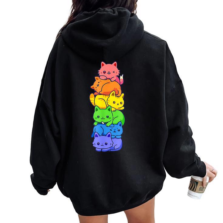 Lgbt Cat Stack Rainbow Gay Pride Anime For Cat Lover Women Oversized Hoodie Back Print