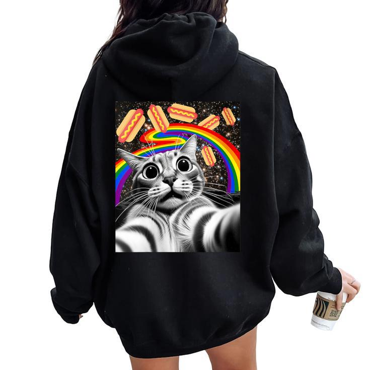 Graphic Rainbow Hotdog Ufos Cosmic Space Selfie Cat Women Oversized Hoodie Back Print