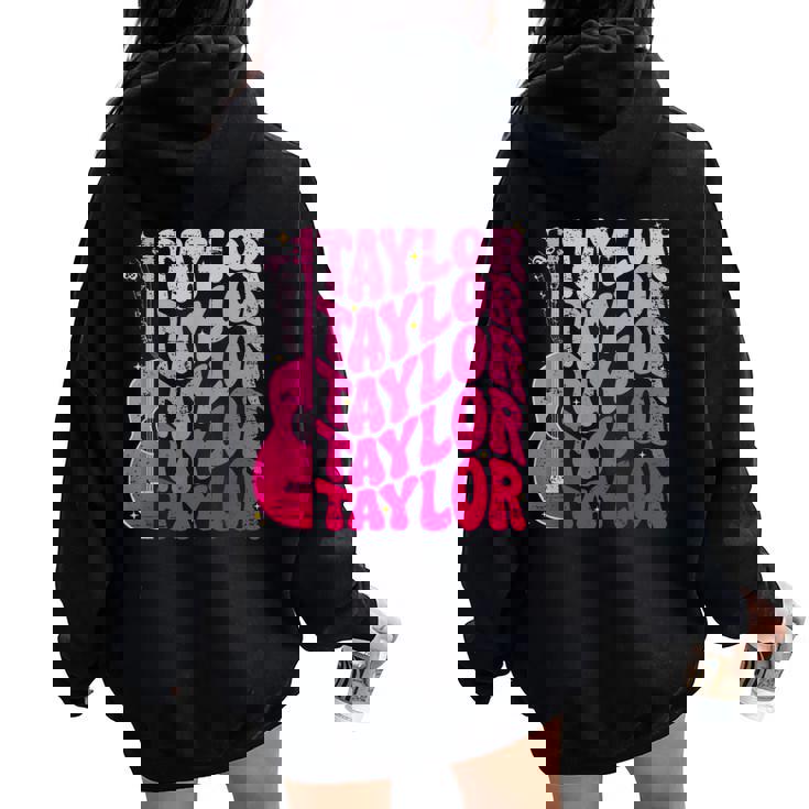Girl Retro Taylor First Name Personalized Groovy 80'S Pink Women Oversized Hoodie Back Print