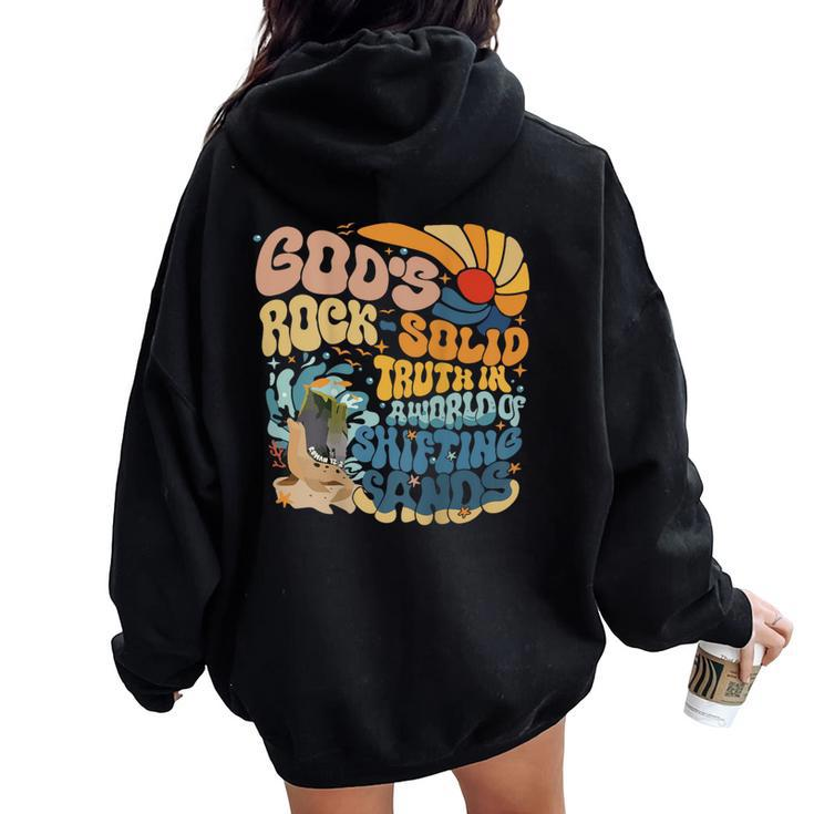 God's Rock-Solid Retro Beach Vbs 2024 Christian On Back Women Oversized Hoodie Back Print