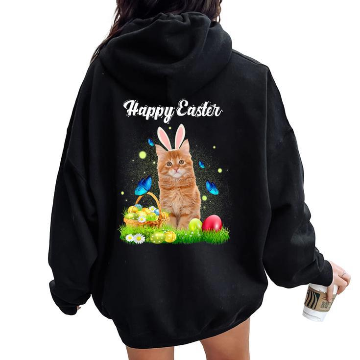 Happy Easter Day Bunny Cat Eggs Basket Cat Lover Women Oversized Hoodie Back Print