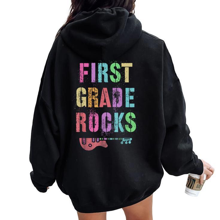Hello 1St Grade Rocks Teacher Team First Gr Vibes Rockstar Women Oversized Hoodie Back Print