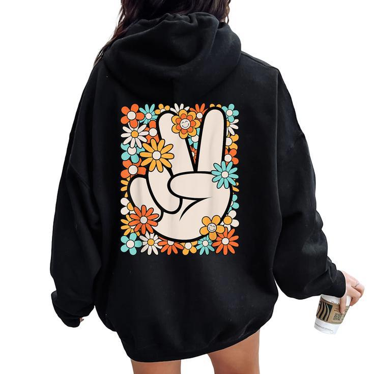 Hippie Peace Hand Sign Groovy Flower 60S 70S Retro Women Oversized Hoodie Back Print