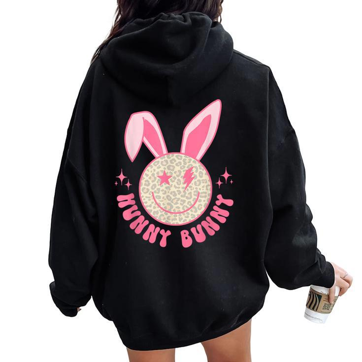 Hunny Bunny Retro Groovy Easter Leopard Smile Face Rabbit Women Oversized Hoodie Back Print