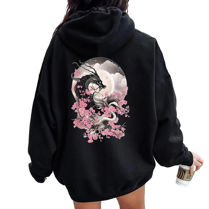 Japanese Dragon & Cherry Blossom & Full Moon Asian Women Oversized Hoodie Back Print