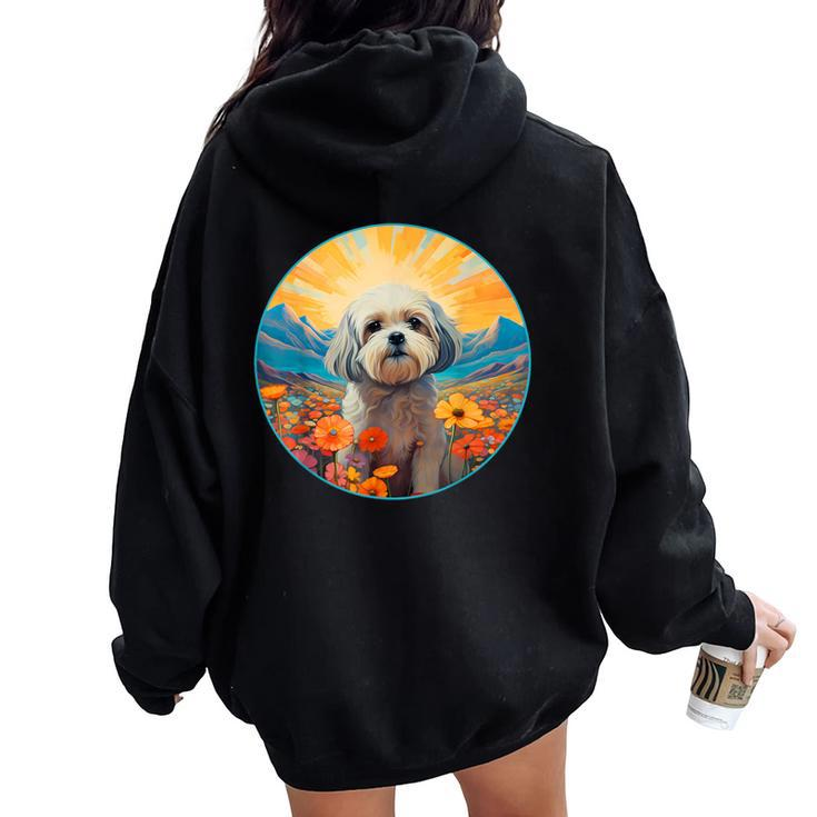 Lhasa Apso Puppy Dog Cute Flower Mountain Sunset Colorful Women Oversized Hoodie Back Print