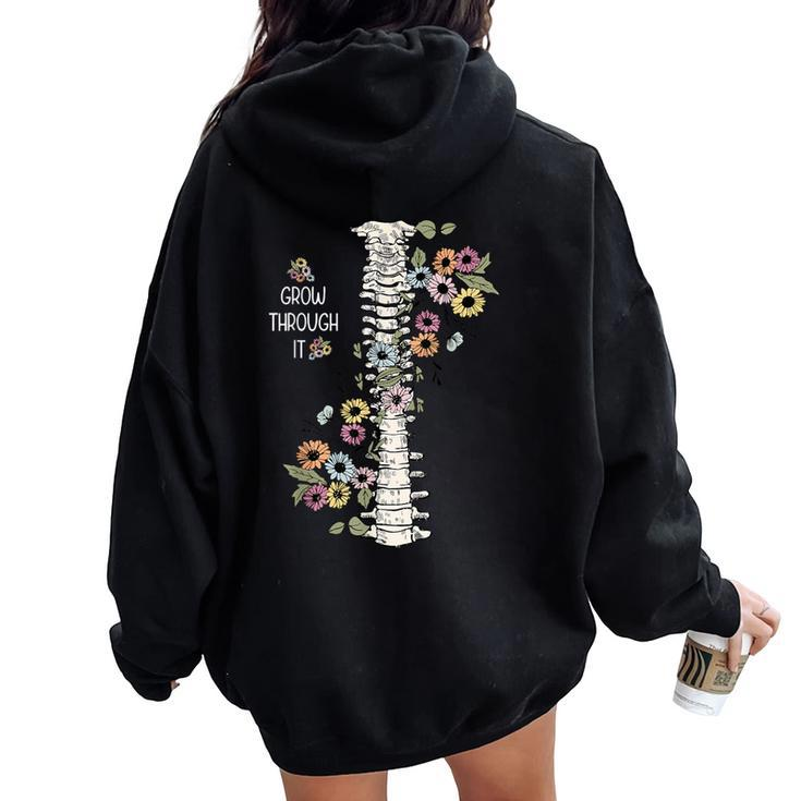 Mental Health Warrior Grow Through It Floral Spine Women Women Oversized Hoodie Back Print