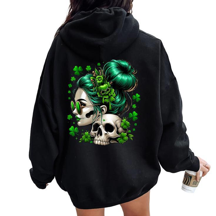 Messy Bun Irish Skull Saint Pattys Day Women Oversized Hoodie Back Print