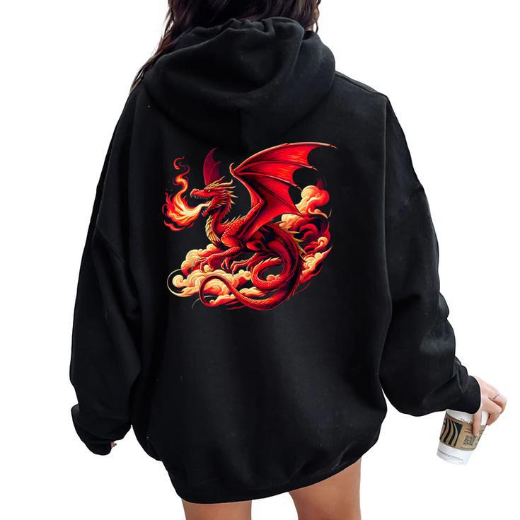 Mythical Red Dragon Breathes Fire On Clouds Boy Girl Dragon Women Oversized Hoodie Back Print