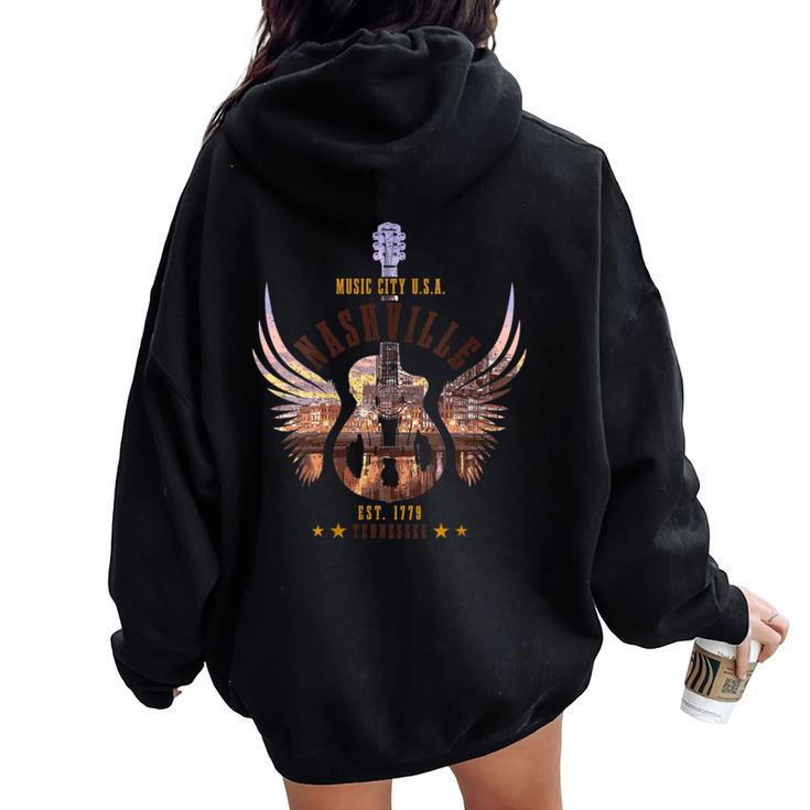Nashville Guitar Tn Tennessee Country Music City Vintage Women Oversized Hoodie Back Print
