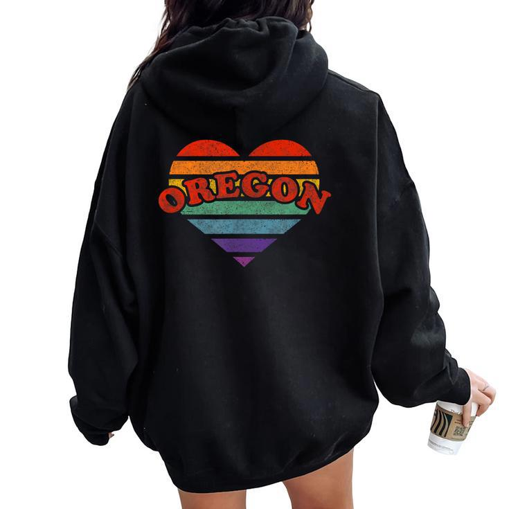 Oregon Retro Rainbow Heart 80S Whimsy Lgbtq Pride Stat Women Oversized Hoodie Back Print