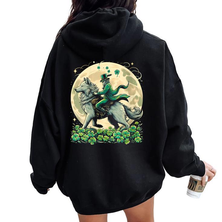 Patrick's Leprechaun Riding Wolf Vintage Loves Wolves Women Oversized Hoodie Back Print