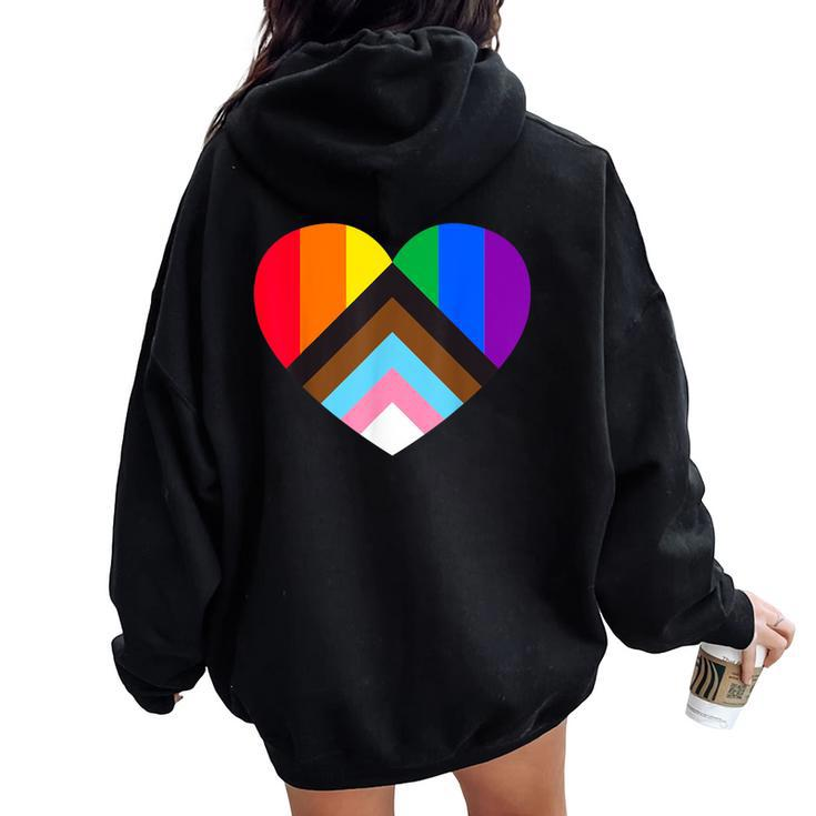 Progress Pride Rainbow Heart Lgbtq Gay Lesbian Trans Women Oversized Hoodie Back Print