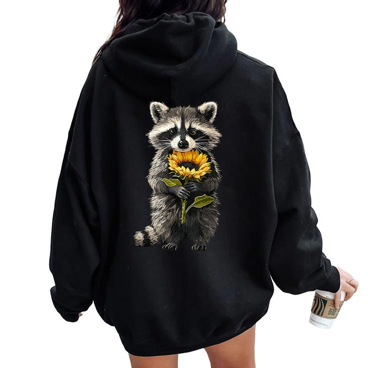 Raccoon Holding Sunflower Cute Flower Women Oversized Hoodie Back Print