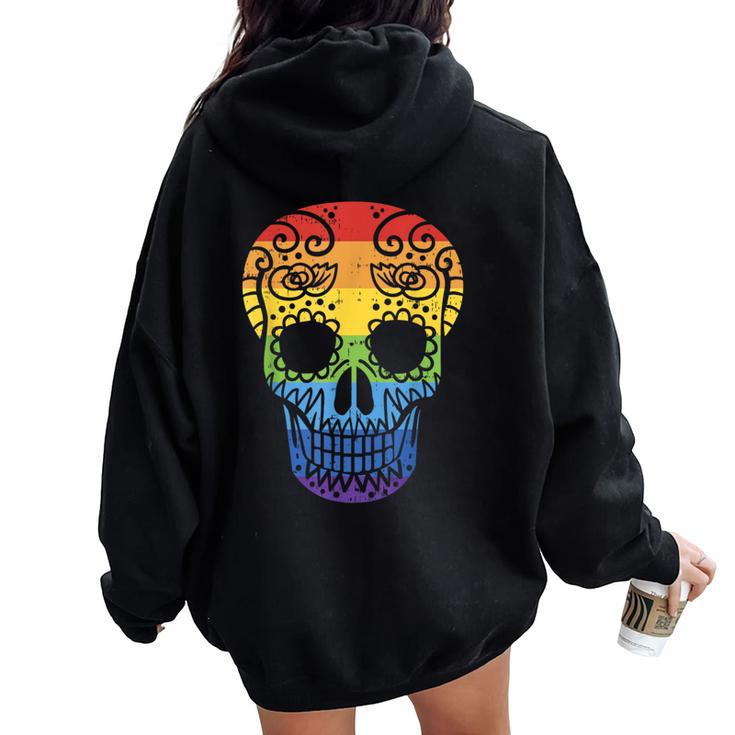 Rainbow Sugar Skull Day Of The Dead Lgbt Gay Pride Women Oversized Hoodie Back Print