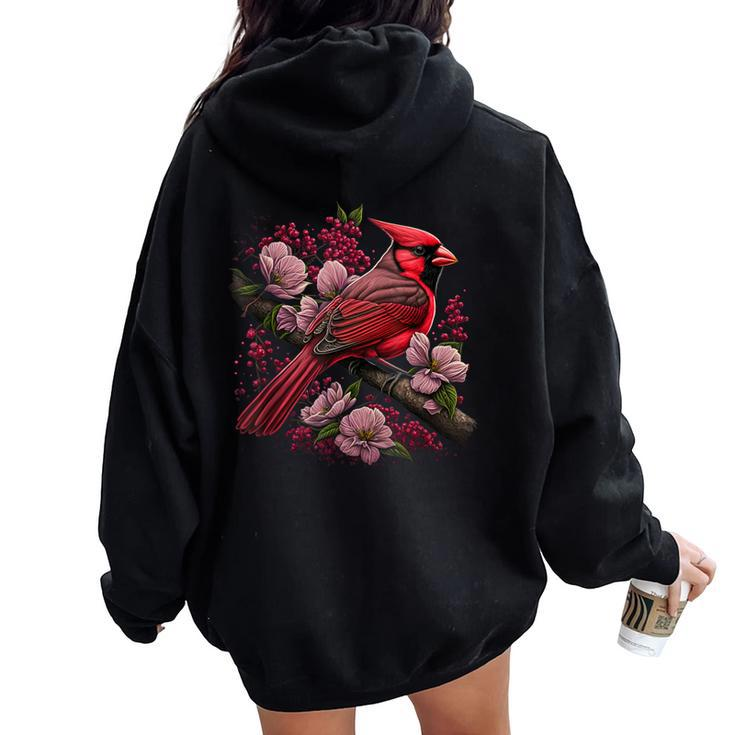 Red Cardinal Bird And Pink Flowering Dogwood Blossoms Women Oversized Hoodie Back Print