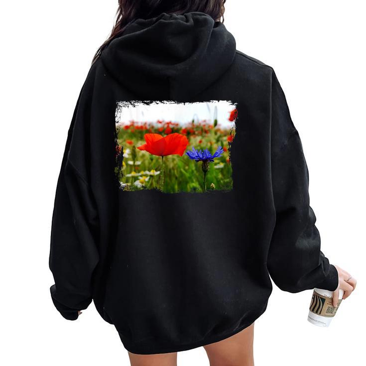 Red Poppy Flower Blooming Summer Field Meadow Fresh Air Women Oversized Hoodie Back Print