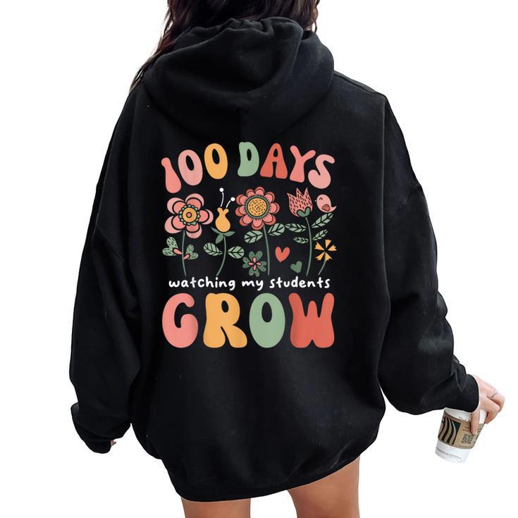 Retro Boho Flower Teacher 100 Days Watching My Students Grow Women Oversized Hoodie Back Print