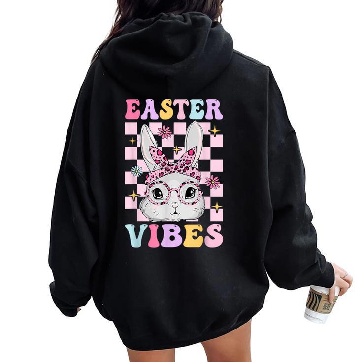 Retro Groovy Easter Vibes Bunny Checkered For Girls Women Oversized Hoodie Back Print