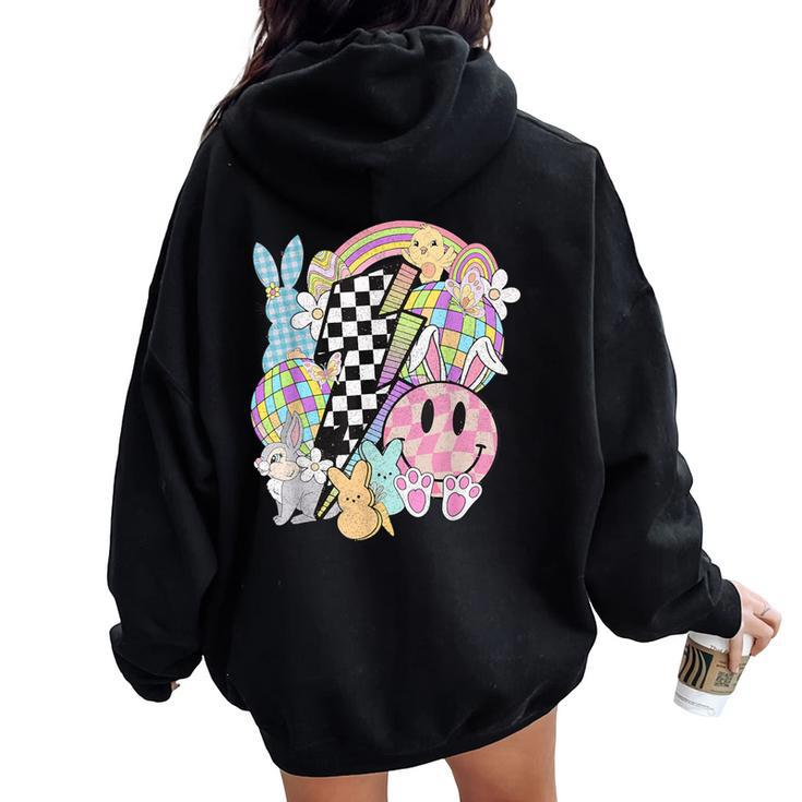 Retro Groovy Happy Easter Bunny Smile Face For Girls Women Oversized Hoodie Back Print