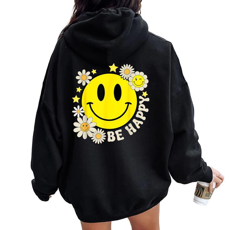 Retro Groovy Be Happy Smile Face Daisy Flower 70S Women Oversized Hoodie Back Print