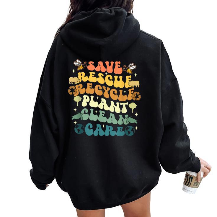 Retro Groovy Save Bees Rescue Animals Recycle Earth Day 2024 Women Oversized Hoodie Back Print