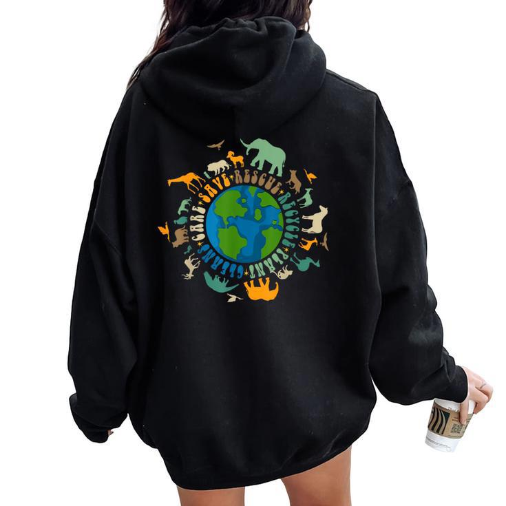 Retro Groovy Save Bees Rescue Animals Recycle Fun Earth Day Women Oversized Hoodie Back Print