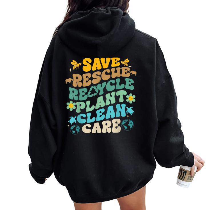 Retro Groovy Save Bees Rescue Animals Recycle Fun Earth Day Women Oversized Hoodie Back Print