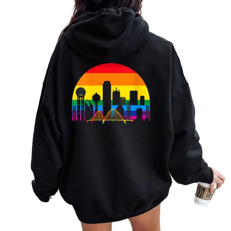 Retro Lgbt Rainbow Dallas Skyline Lesbian Gay Pride Women Oversized Hoodie Back Print