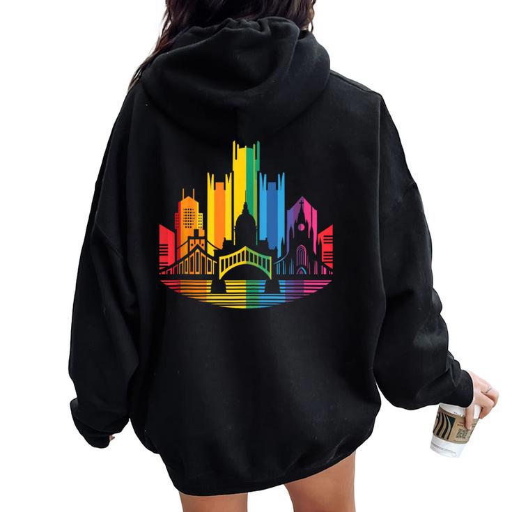 Retro Pittsburgh Skyline Rainbow Lgbt Lesbian Gay Pride Women Oversized Hoodie Back Print