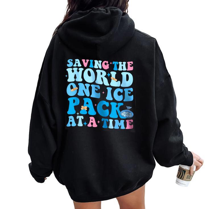 Retro Saving The World One Ice Pack At A Time School Nurse Women Oversized Hoodie Back Print