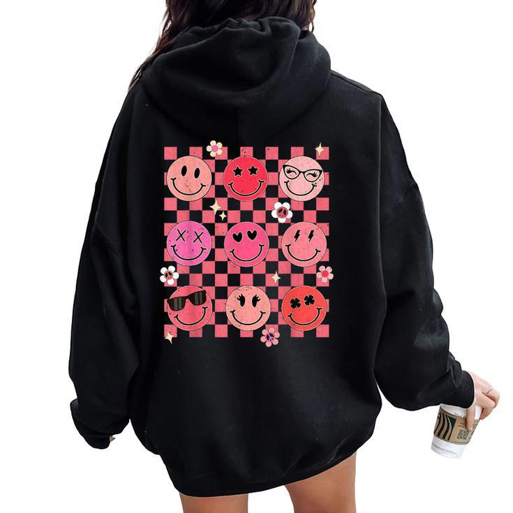 Retro Valentines Day Hippie Groovy Happy Face Love Vibes Women Oversized Hoodie Back Print