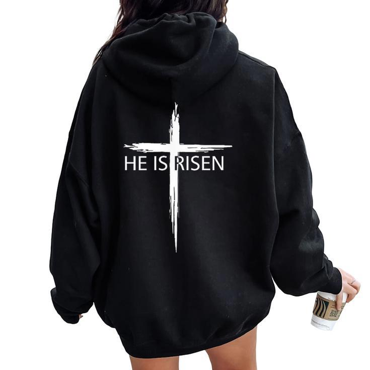 He Is Risen Pocket Christian Easter Jesus Religious Cross Women Oversized Hoodie Back Print