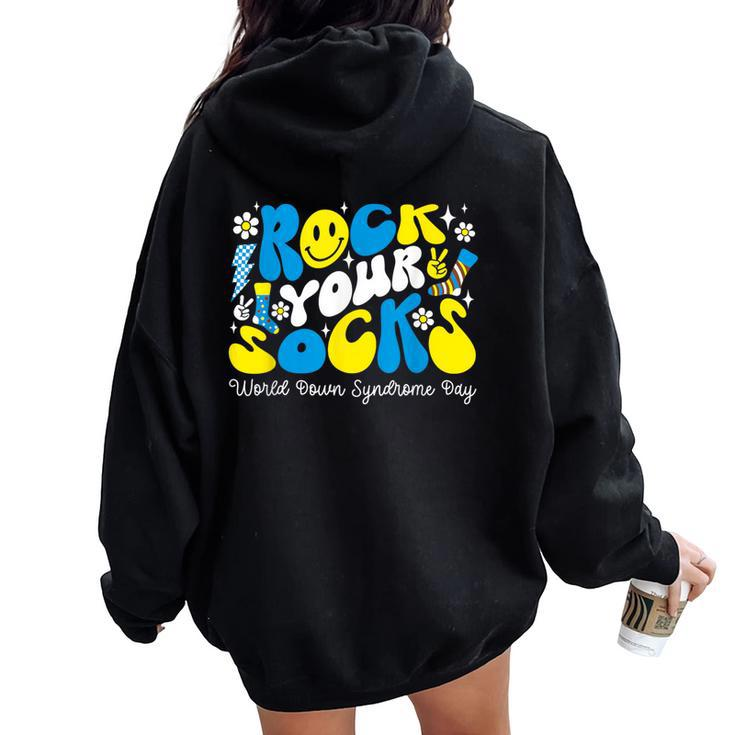 Rock Your Socks Down Syndrome Awareness Day Groovy Wdsd Women Oversized Hoodie Back Print