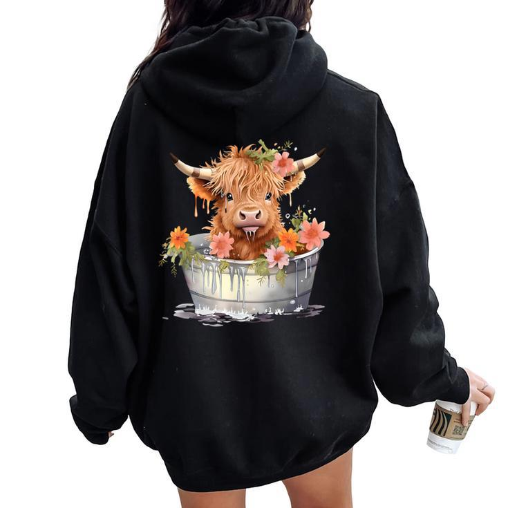 Scottish Baby Highland Cow Cattle Farm Floral Cute Cow Lover Women Oversized Hoodie Back Print