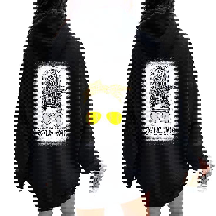 Softball Auntie Leopard Messy Bun Softball Aunt Women Oversized Hoodie Back Print