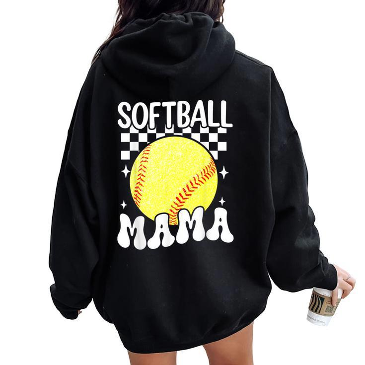 Softball Mama Retro Groovy Baseball Softball Mom Women Oversized Hoodie Back Print