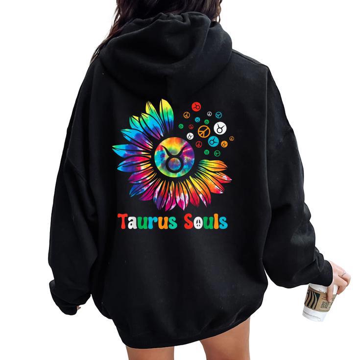 Taurus Souls Zodiac Tie Dye Sunflower Peace Sign Groovy Women Oversized Hoodie Back Print