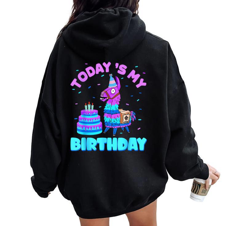 Todays My Birthday Llama Birthday Party Decorations Boys Kid Women Oversized Hoodie Back Print