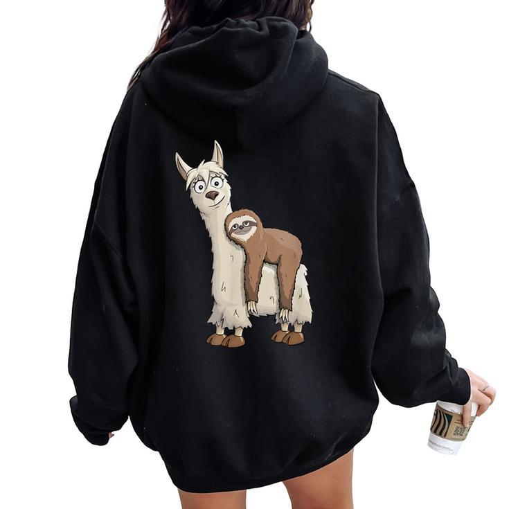 Trendy Funky Cartoon Chill Out Sloth Riding Llama Women Oversized Hoodie Back Print